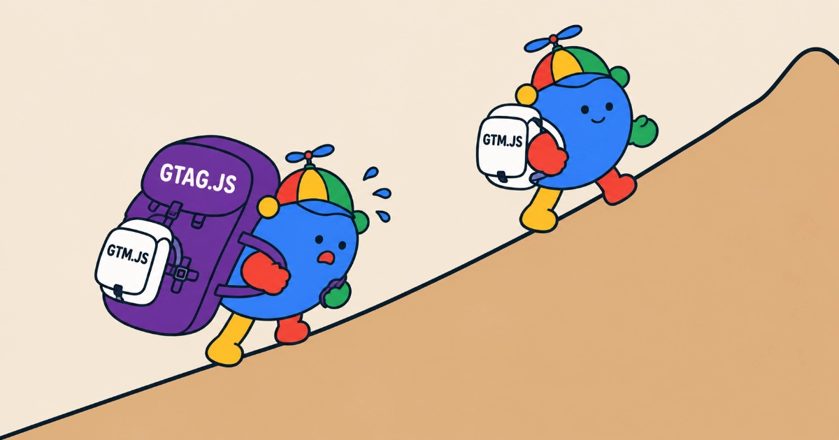 Cartoon of two identical Google-coloured characters in propeller caps climbing a mountain. The one in front walks easily with a small pack lettered GTM.JS; the one behind is sweating under a huge purple rucksack lettered GTAG.JS.