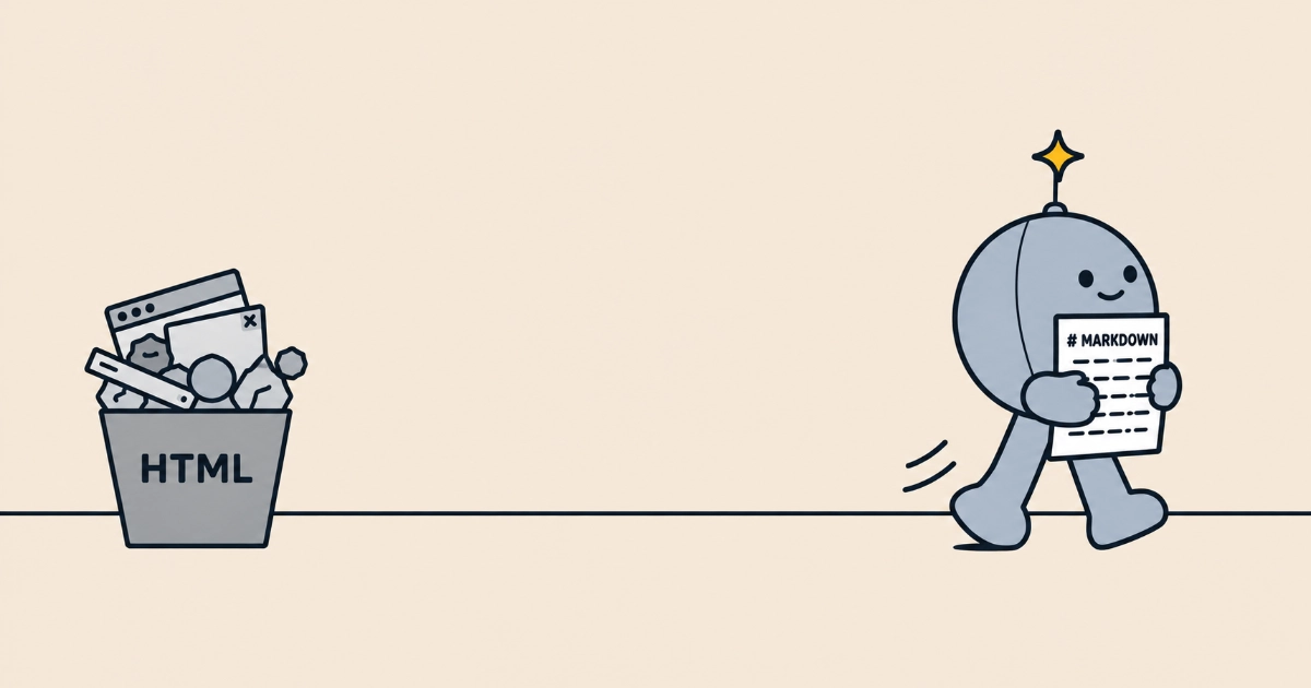 A cartoon robot walks away hugging a clean sheet headed # MARKDOWN, leaving behind a bin labelled HTML that overflows with discarded web-page parts: a browser window, a pop-up, a navigation bar and buttons.