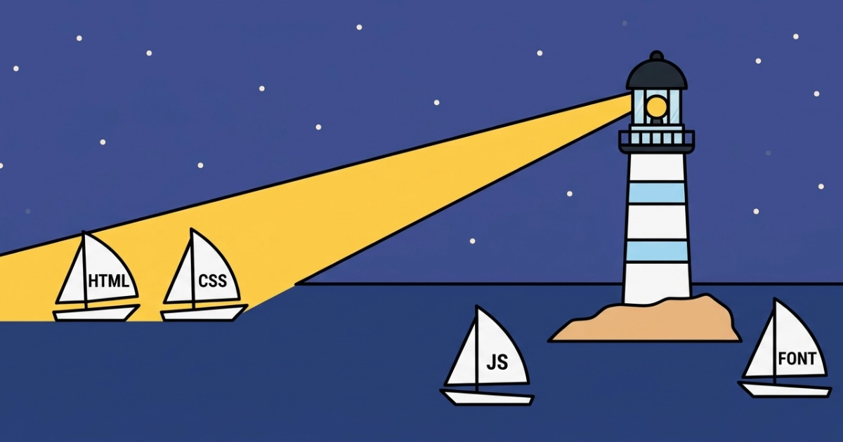 A lighthouse at night shines its yellow beam on two sailing boats whose sails read HTML and CSS, while two boats with sails reading JS and FONT sail on below the beam, unlit.