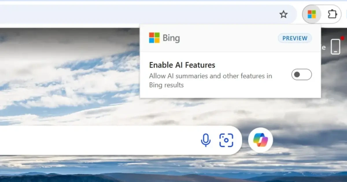 The Bing AI Search toggle extension in preview, showing an Enable AI Features toggle set to off
