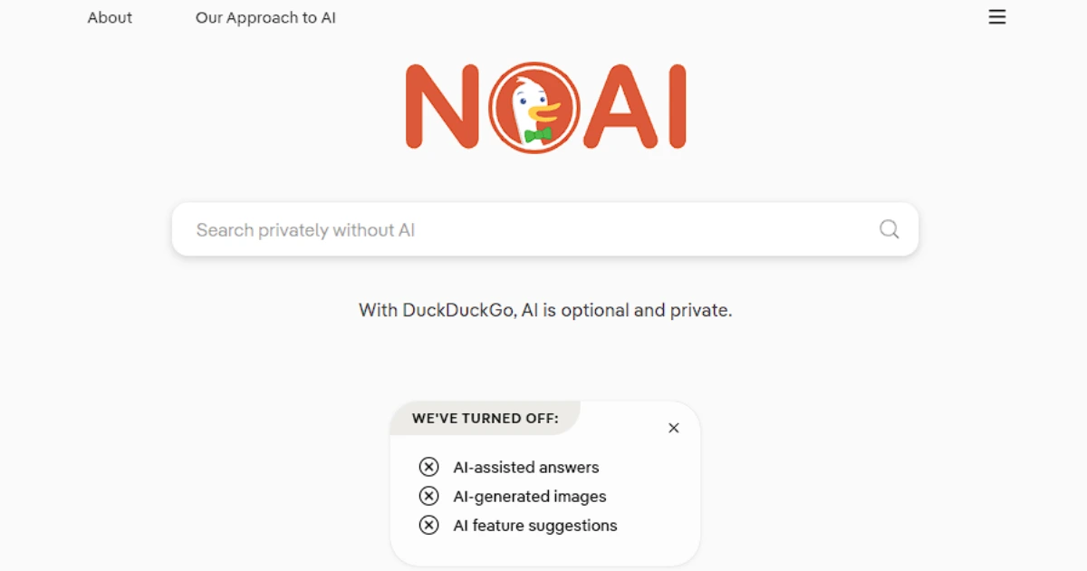 The DuckDuckGo no-AI search page at noai.duckduckgo.com