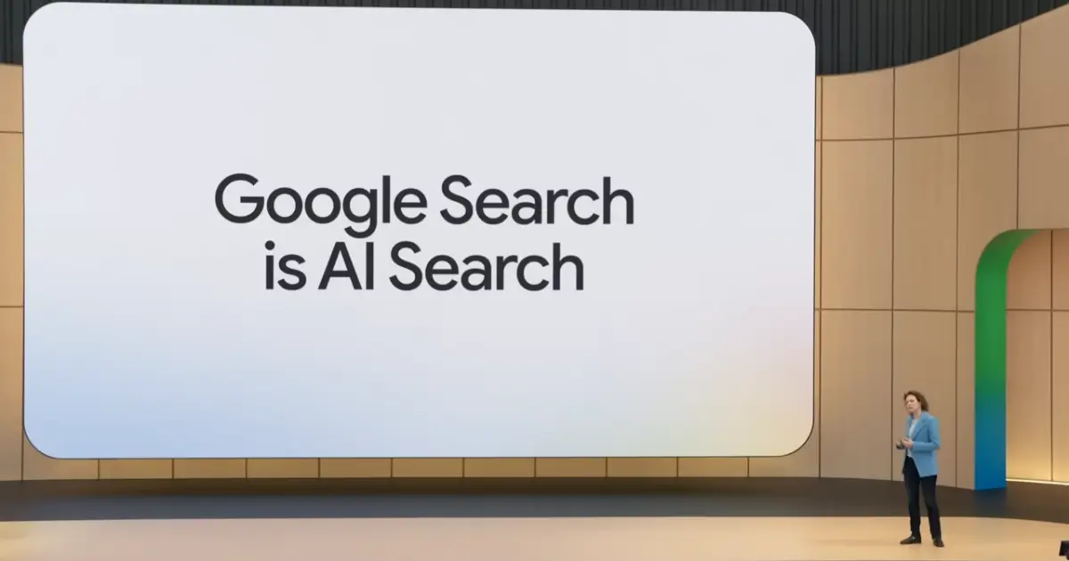 Liz Reid, Google Head of Search, presenting on stage at Google I/O with a slide reading 'Google Search is AI Search'