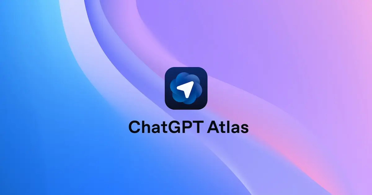 The ChatGPT Atlas app icon and wordmark centred on an abstract blue and purple gradient background.
