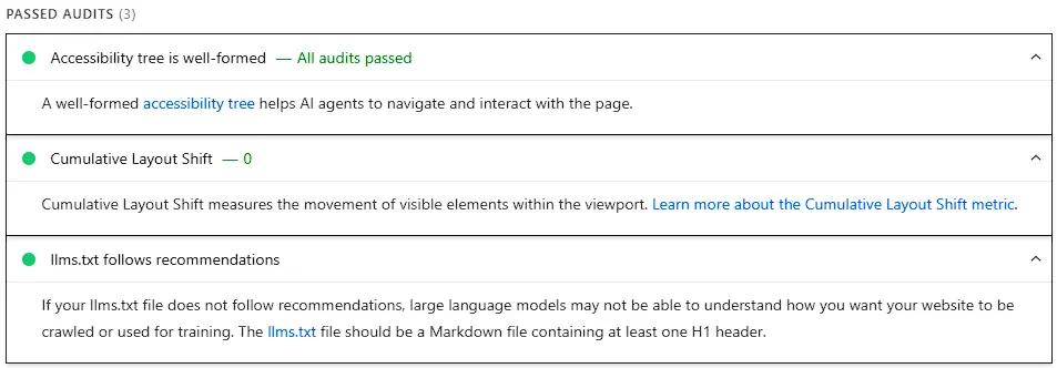 The three passed Agentic Browsing audits expanded in PageSpeed Insights: accessibility tree is well-formed, Cumulative Layout Shift of 0, and llms.txt follows recommendations.