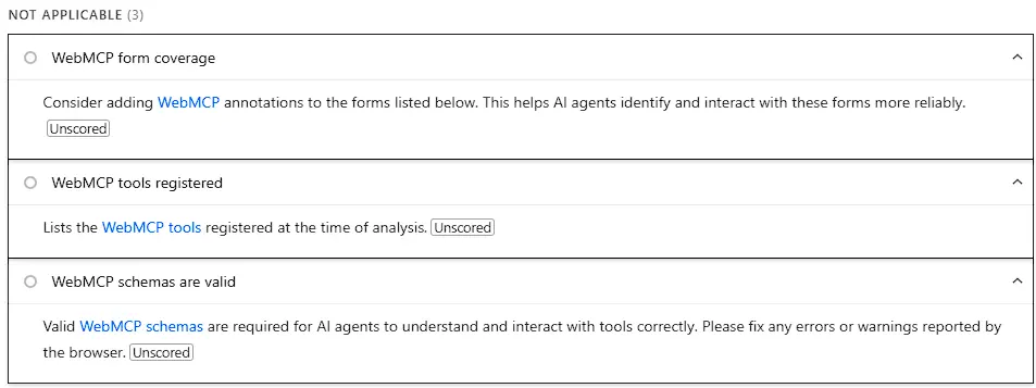 The three WebMCP audits shown as not applicable and unscored in PageSpeed Insights: WebMCP form coverage, WebMCP tools registered, and WebMCP schemas are valid.