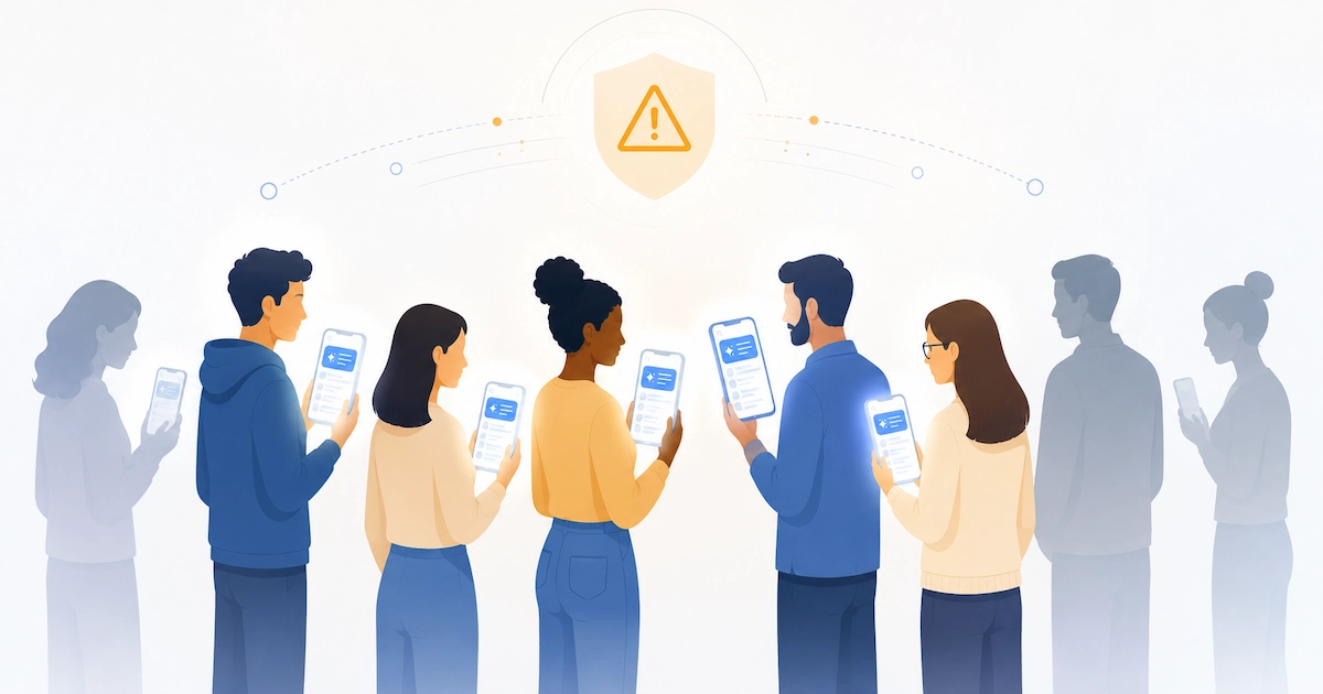 A group of people reading AI summary panels on their phones, with most figures highlighted to show a majority and a caution shield above hinting at lower trust.