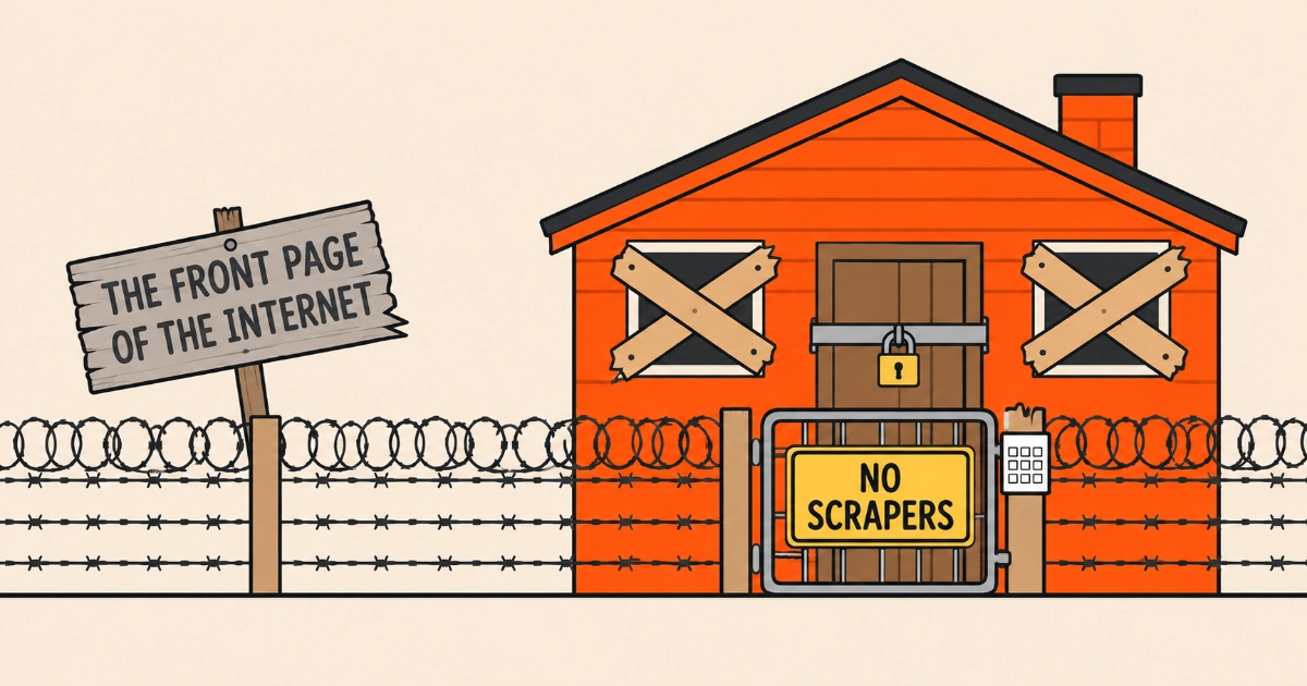 Cartoon of an orange-red wooden house with its windows boarded up and its door padlocked, behind a barbed-wire fence topped with razor wire. A yellow sign on the locked gate reads NO SCRAPERS, beside a keypad on the gate post. To the left, an old grey sign hanging crooked on its post reads THE FRONT PAGE OF THE INTERNET.