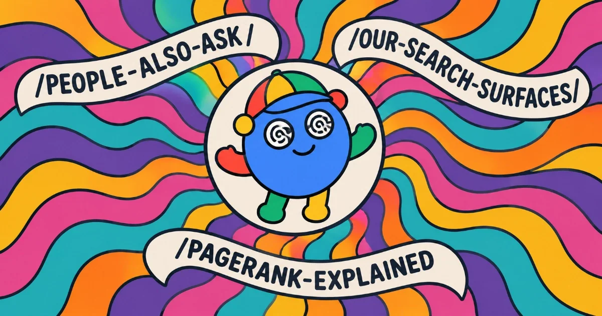 A round cartoon character in Google's colours with hypnotic spiral eyes, floating in a cream circle at the centre of psychedelic swirls of purple, magenta, teal and orange. Three ribbons around it read /PEOPLE-ALSO-ASK/, /OUR-SEARCH-SURFACES/ and /PAGERANK-EXPLAINED.