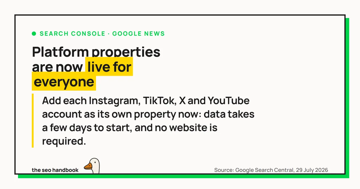 Platform properties are now live for everyone: add each Instagram, TikTok, X and YouTube account as its own property now, data takes a few days to start, and no website is required.