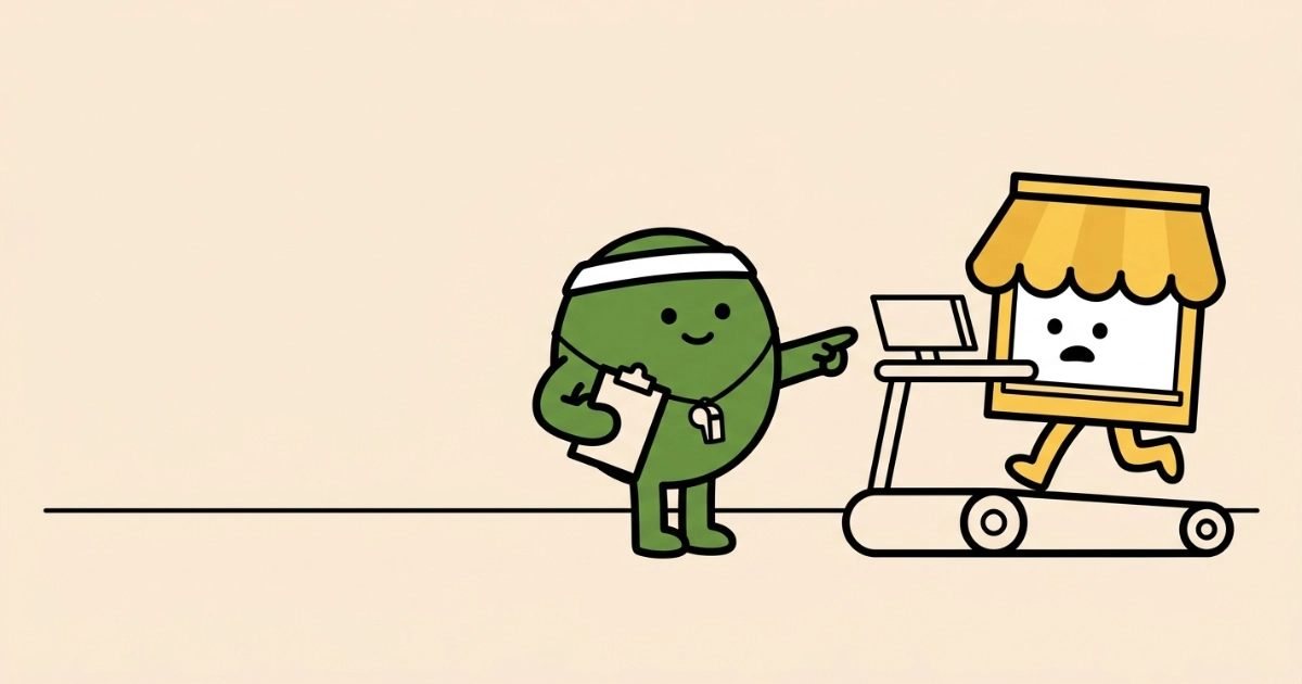A round green cartoon character in a sweatband, holding a clipboard and wearing a whistle, pointing forward as it coaches a small shopfront character with a yellow awning that is jogging on a treadmill. The treadmill readout panel is blank.