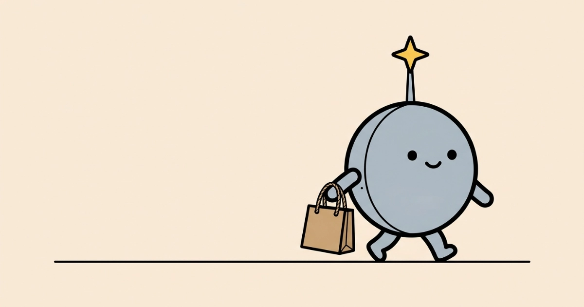 A round grey cartoon robot with a yellow four-pointed star on the tip of its antenna walks along carrying a plain brown paper shopping bag.
