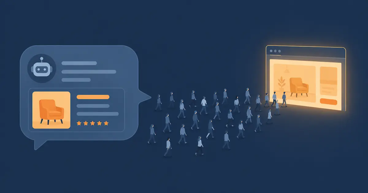 Two website windows side by side: a small one drawing a few visitors, and a larger one topped with an AI chat bubble drawing a much bigger crowd