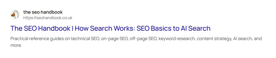 A mock Google search result for seohandbook.co.uk: a round site icon of a goose beside the site name and URL, above the blue title link and the description.