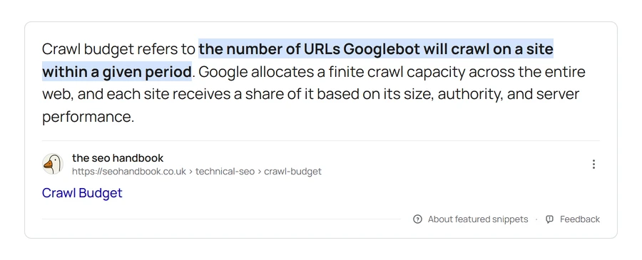 Mock-up of a paragraph featured snippet defining crawl budget, with the defining clause bolded on a pale blue wash, the source site and page title linked underneath, and an About featured snippets and Feedback row along the bottom.