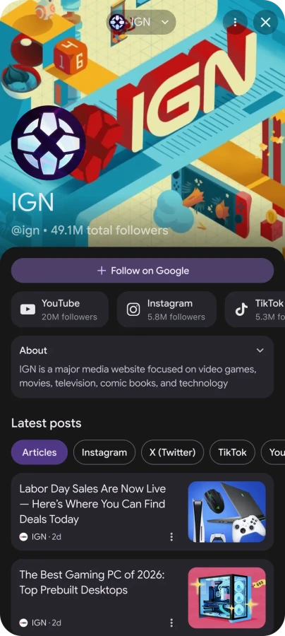 IGN's claimed Search profile: a background banner, avatar and follower count, a Follow on Google button, linked YouTube, Instagram and TikTok accounts with follower counts, an About section, and a Latest posts feed of article cards with large thumbnails.