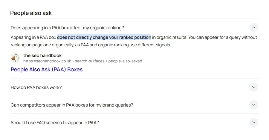 Mock-up of a People also ask box with the first question expanded, showing a short answer and, beneath it, the site name, URL and page title of the source it was extracted from. Three further questions sit collapsed below.