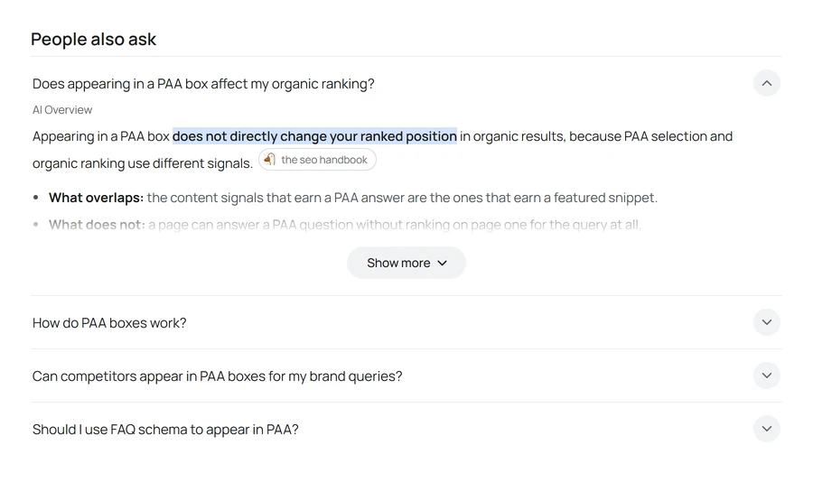 Mock-up of the same People also ask question expanded, this time labelled AI Overview, with the answering clause highlighted, a small pill-shaped citation chip naming one site in the run of the sentence, two bullet points fading out, and a Show more button.